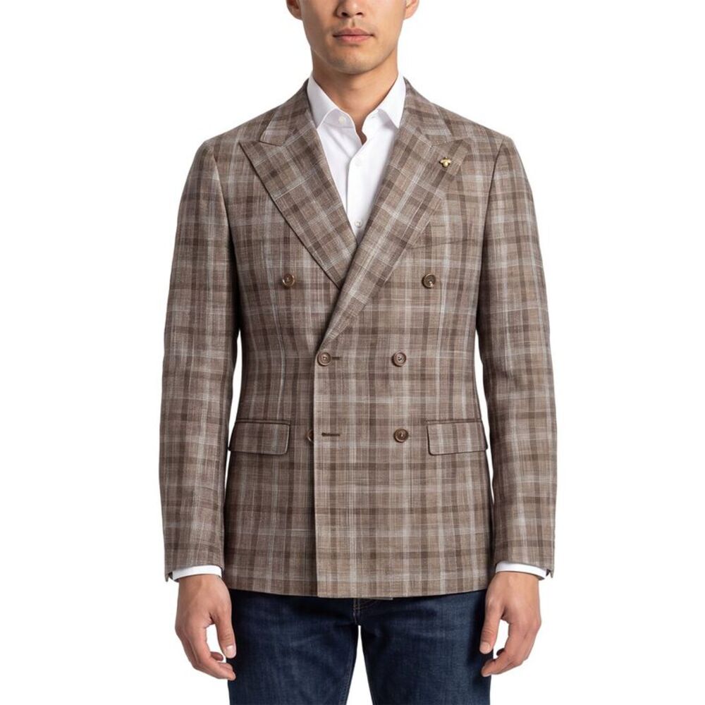 Corneliani Mens  Cc Collection Double-Breasted Wool & Linen-Blend Blazer, Beige